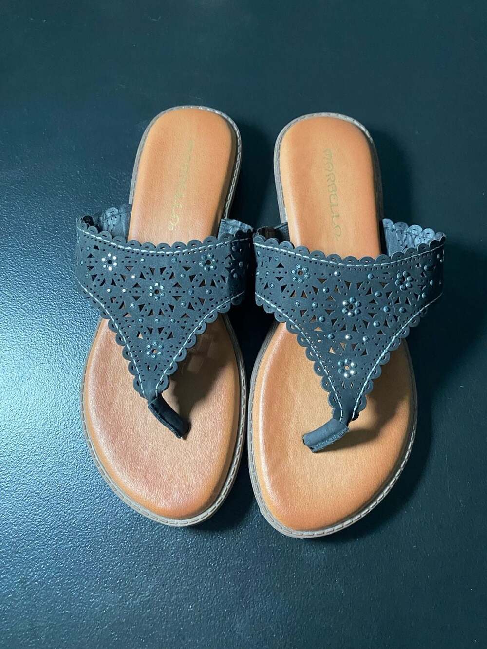 Marbella Women's Laser Cut Thong Flip Flop Sandals Black Size 6.5M Black